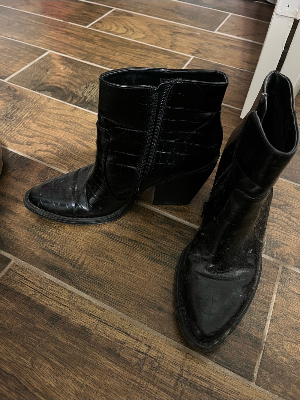 Black Croc-Embossed Ankle Boots - Women's
